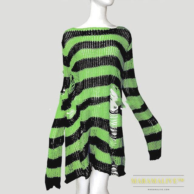 Womens Striped Loose Knitwear With Ripped Mid-length Sweater