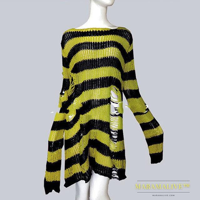 Womens Striped Loose Knitwear With Ripped Mid-length Sweater