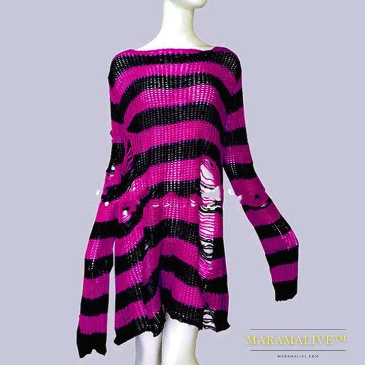 Womens Striped Loose Knitwear With Ripped Mid-length Sweater