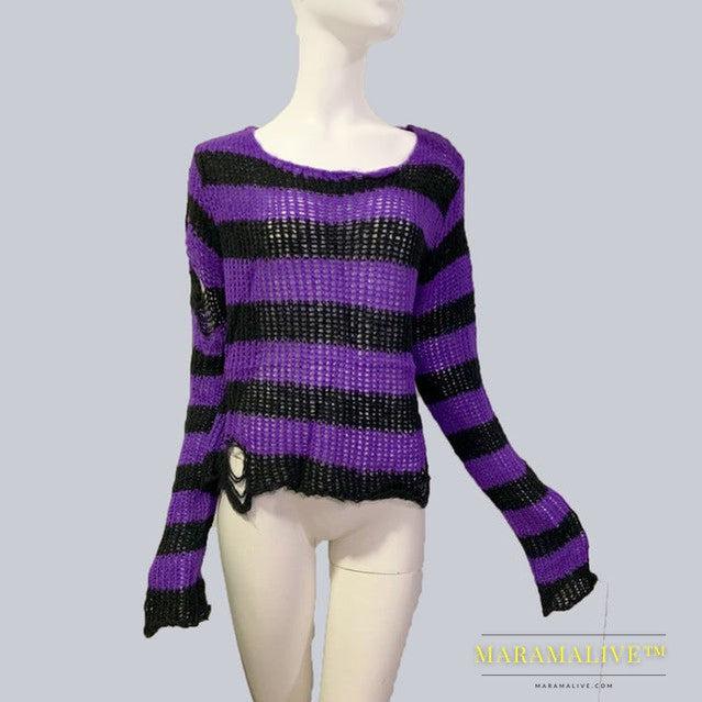 Womens Striped Loose Knitwear With Ripped Mid-length Sweater