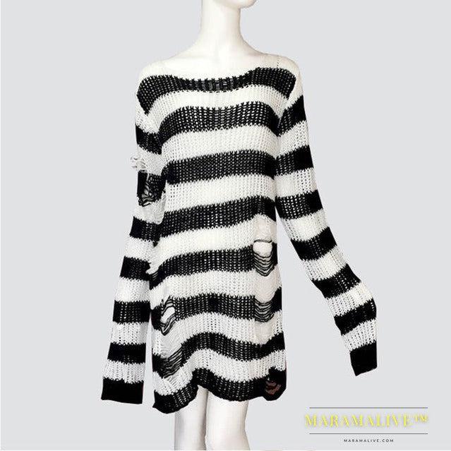 Womens Striped Loose Knitwear With Ripped Mid-length Sweater