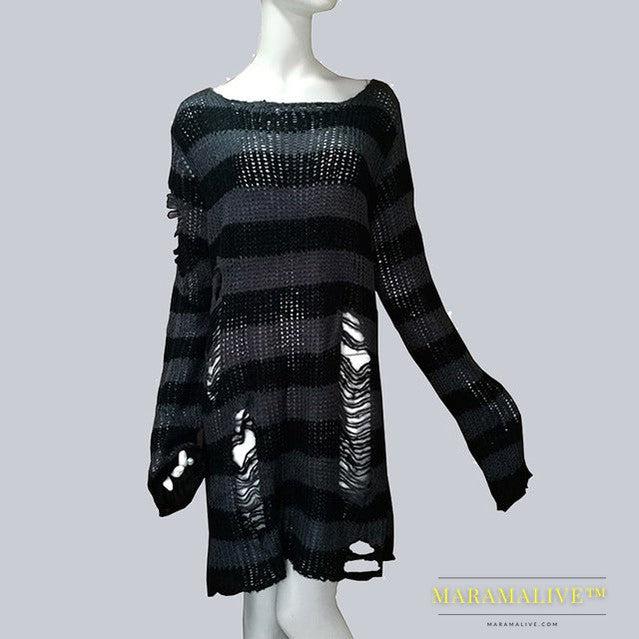 Womens Striped Loose Knitwear With Ripped Mid-length Sweater