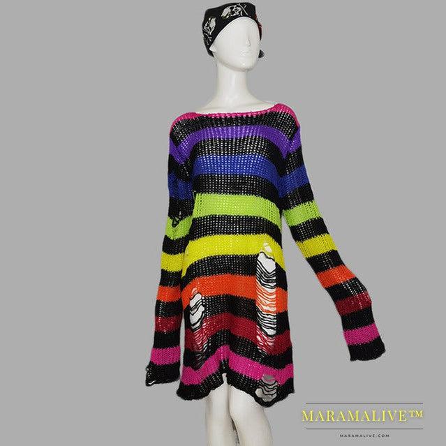 Womens Striped Loose Knitwear With Ripped Mid-length Sweater