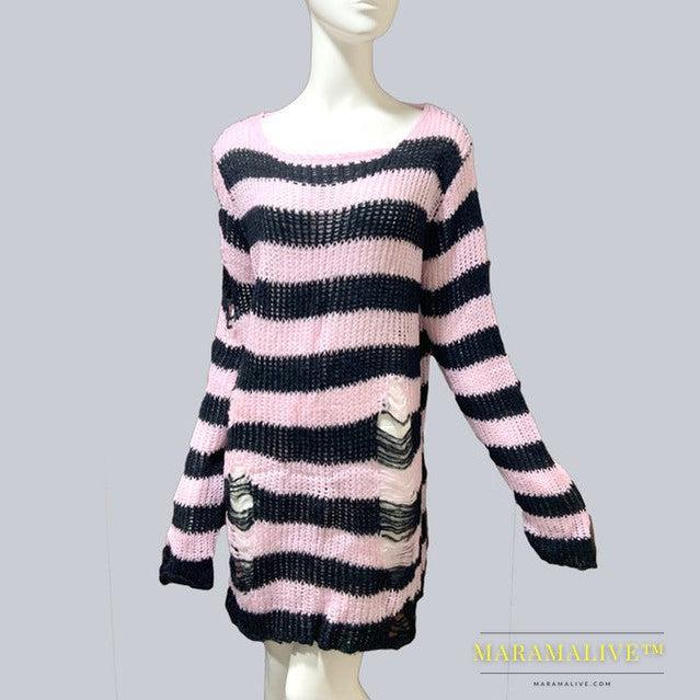 Womens Striped Loose Knitwear With Ripped Mid-length Sweater