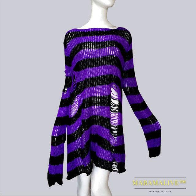 Womens Striped Loose Knitwear With Ripped Mid-length Sweater