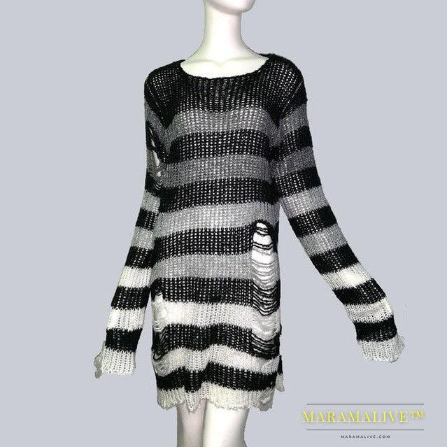 Womens Striped Loose Knitwear With Ripped Mid-length Sweater