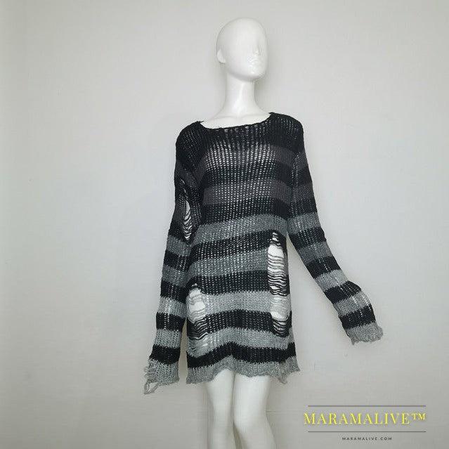 Womens Striped Loose Knitwear With Ripped Mid-length Sweater