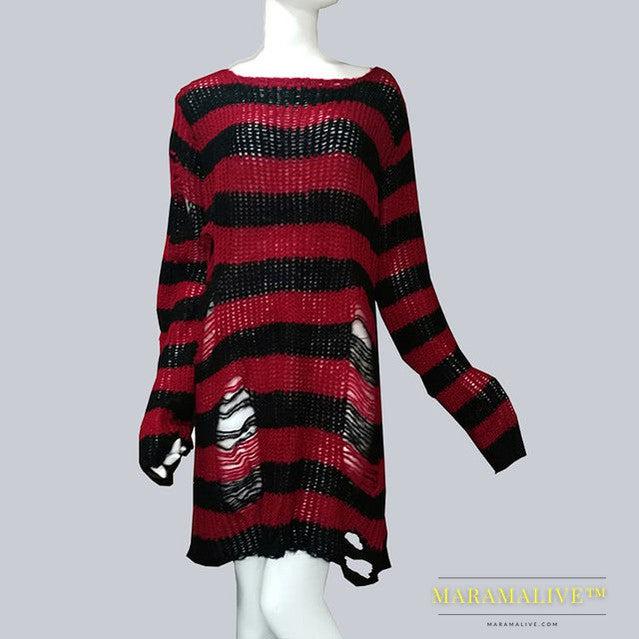 Womens Striped Loose Knitwear With Ripped Mid-length Sweater