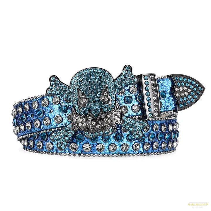 Women's Unique Skull Head Buckle Rhinestone Belt - Y2K Shiny Rivet Design PU Belt