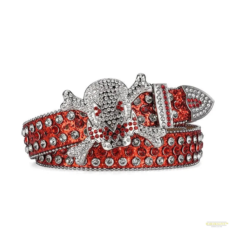 Women's Unique Skull Head Buckle Rhinestone Belt - Y2K Shiny Rivet Design PU Belt