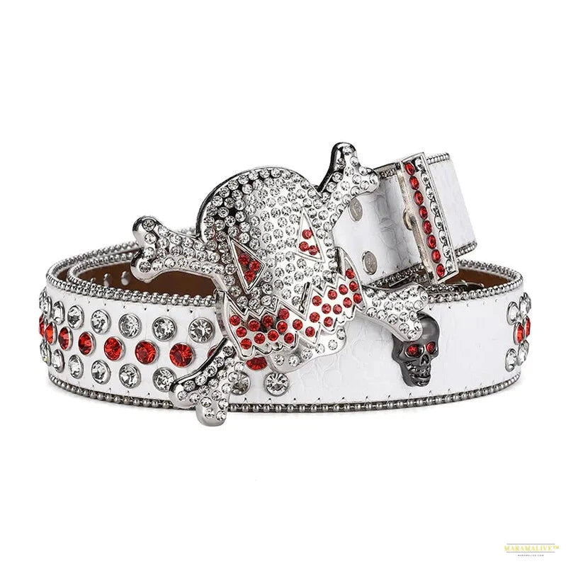 Women's Unique Skull Head Buckle Rhinestone Belt - Y2K Shiny Rivet Design PU Belt