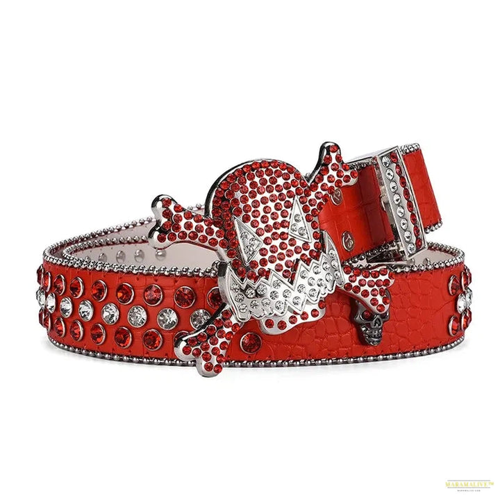 Women's Unique Skull Head Buckle Rhinestone Belt - Y2K Shiny Rivet Design PU Belt