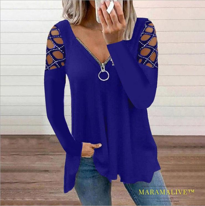 Women's V-neck Hollow-sleeve Rhinestone Casual Top