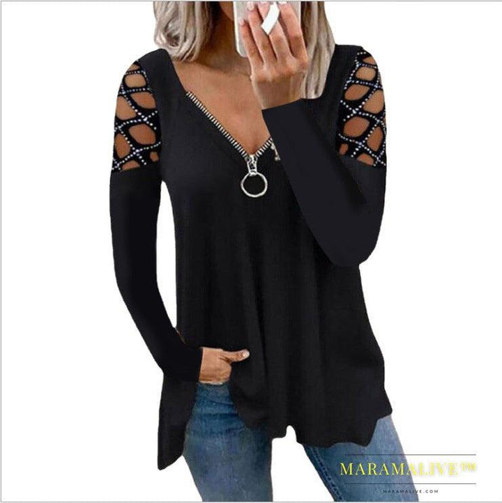 Women's V-neck Hollow-sleeve Rhinestone Casual Top