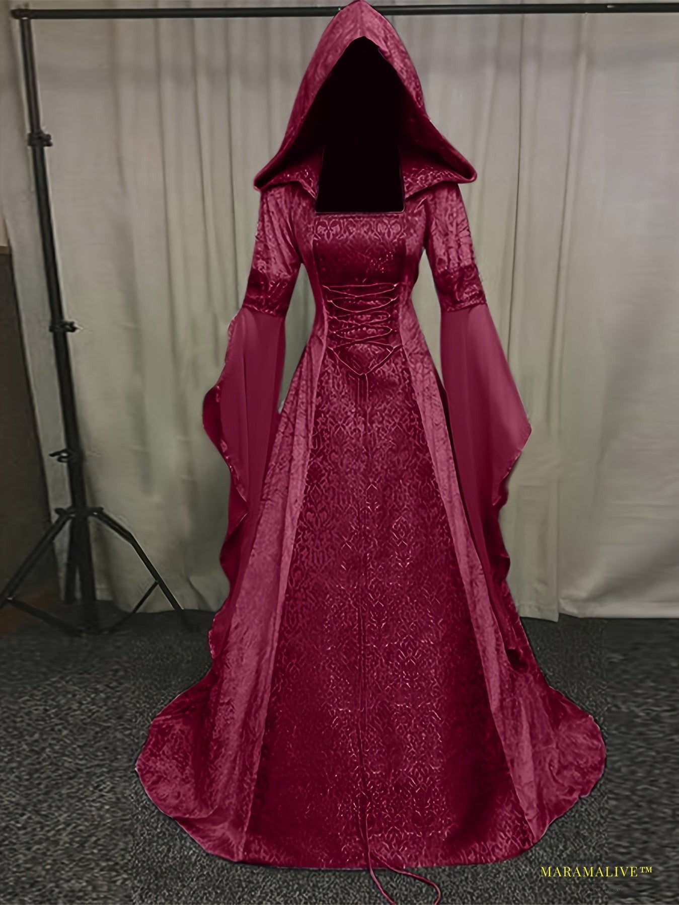 Women's Velvet Medieval Bell Sleeve Hooded Gown, Gothic Renaissance Costume for Parties & Fairs