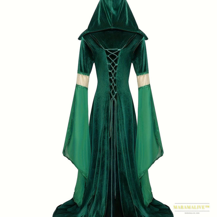 Women's Velvet Medieval Bell Sleeve Hooded Gown, Gothic Renaissance Costume for Parties & Fairs