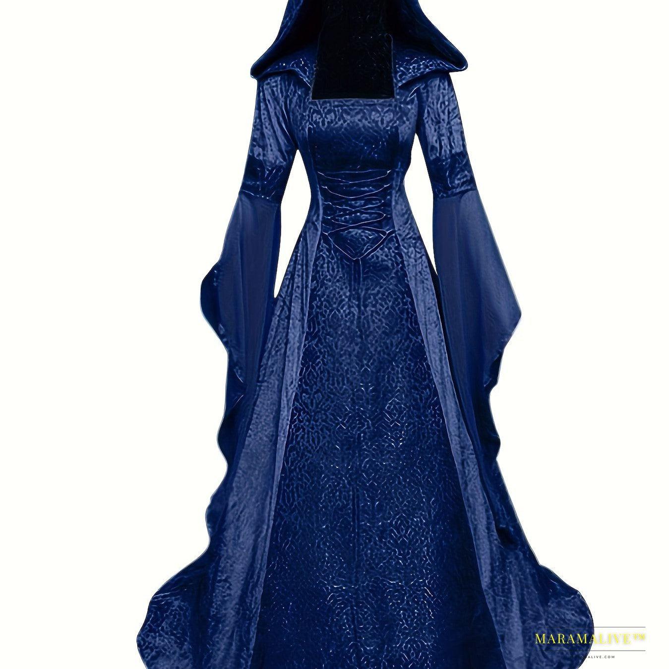 Women's Velvet Medieval Bell Sleeve Hooded Gown, Gothic Renaissance Costume for Parties & Fairs