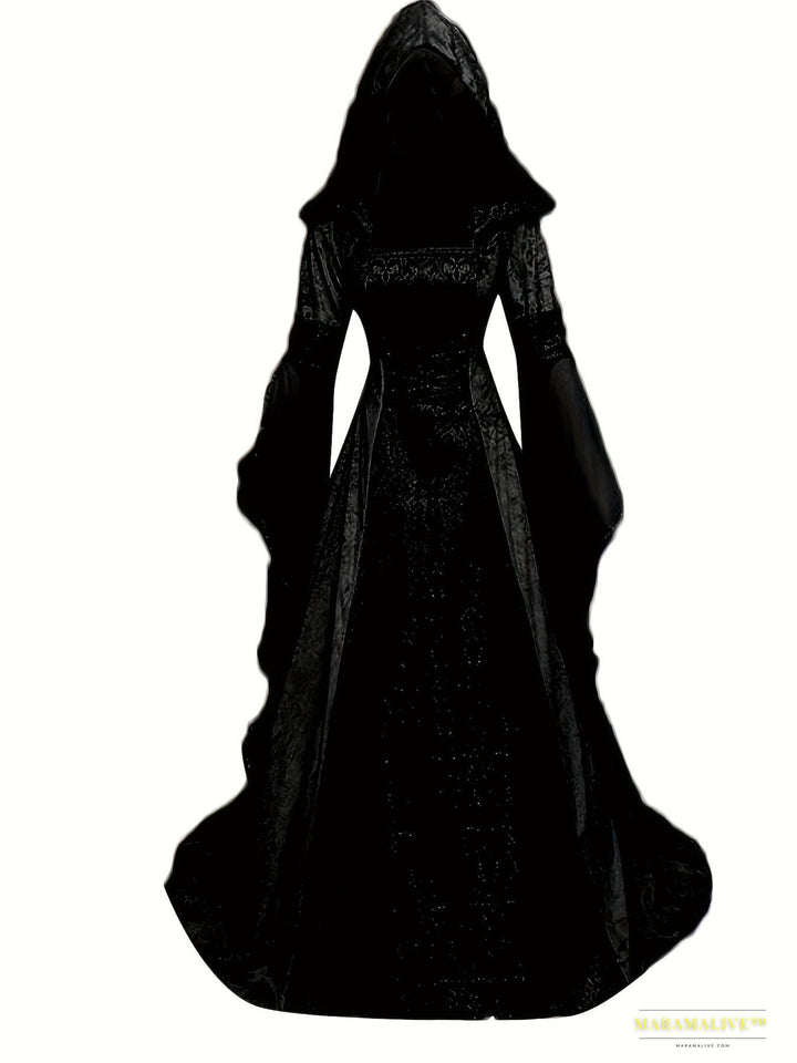 Women's Velvet Medieval Bell Sleeve Hooded Gown, Gothic Renaissance Costume for Parties & Fairs