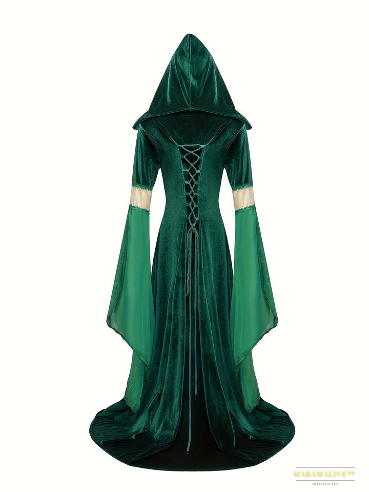 Women's Velvet Medieval Bell Sleeve Hooded Gown, Gothic Renaissance Costume for Parties & Fairs