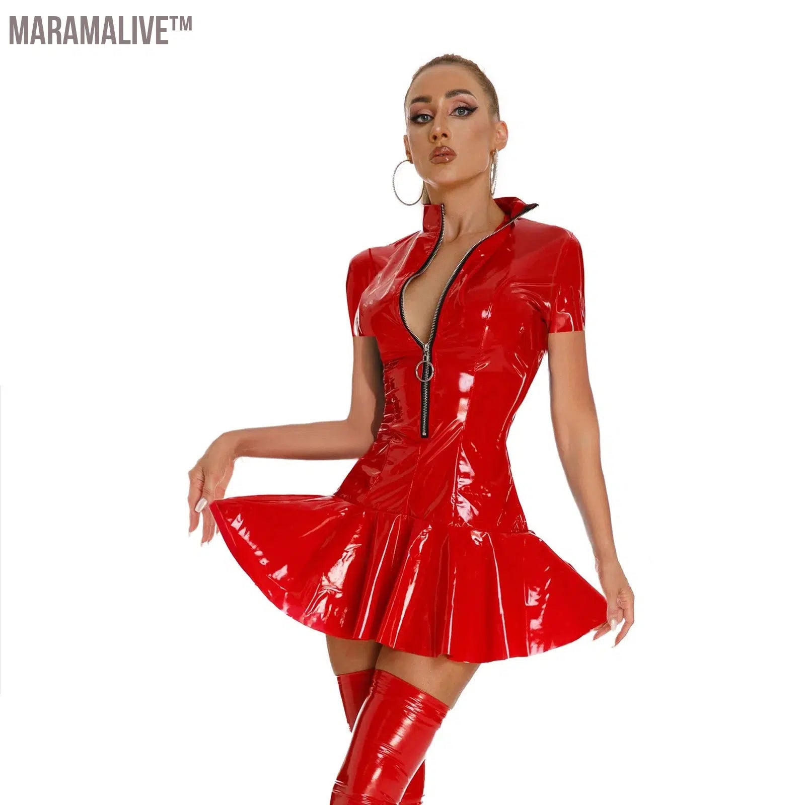 Womens Wet Look Clubwear Latex Dress Stand Collar Zipper Tight Bodycon Mini Dress Long Sleeve Patent Leather Ruffle Skirt Dress