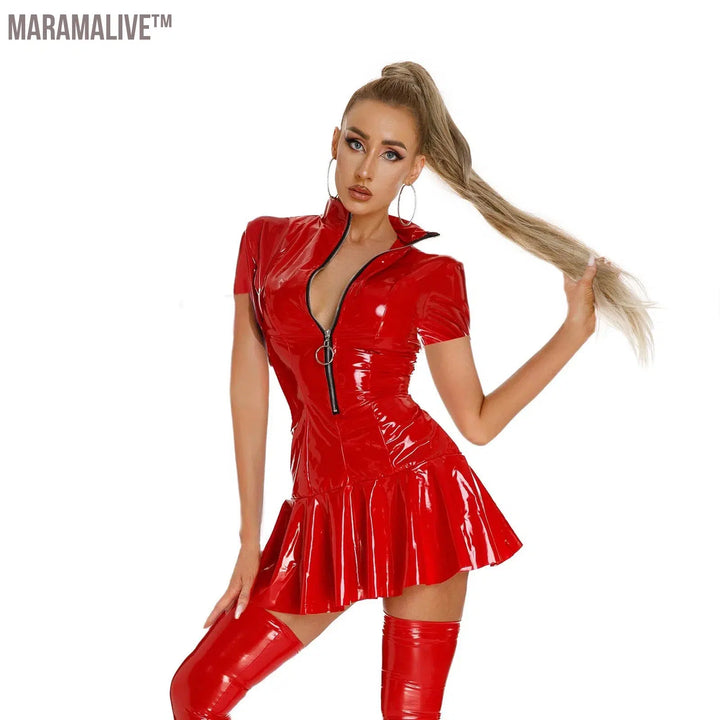 Womens Wet Look Clubwear Latex Dress Stand Collar Zipper Tight Bodycon Mini Dress Long Sleeve Patent Leather Ruffle Skirt Dress