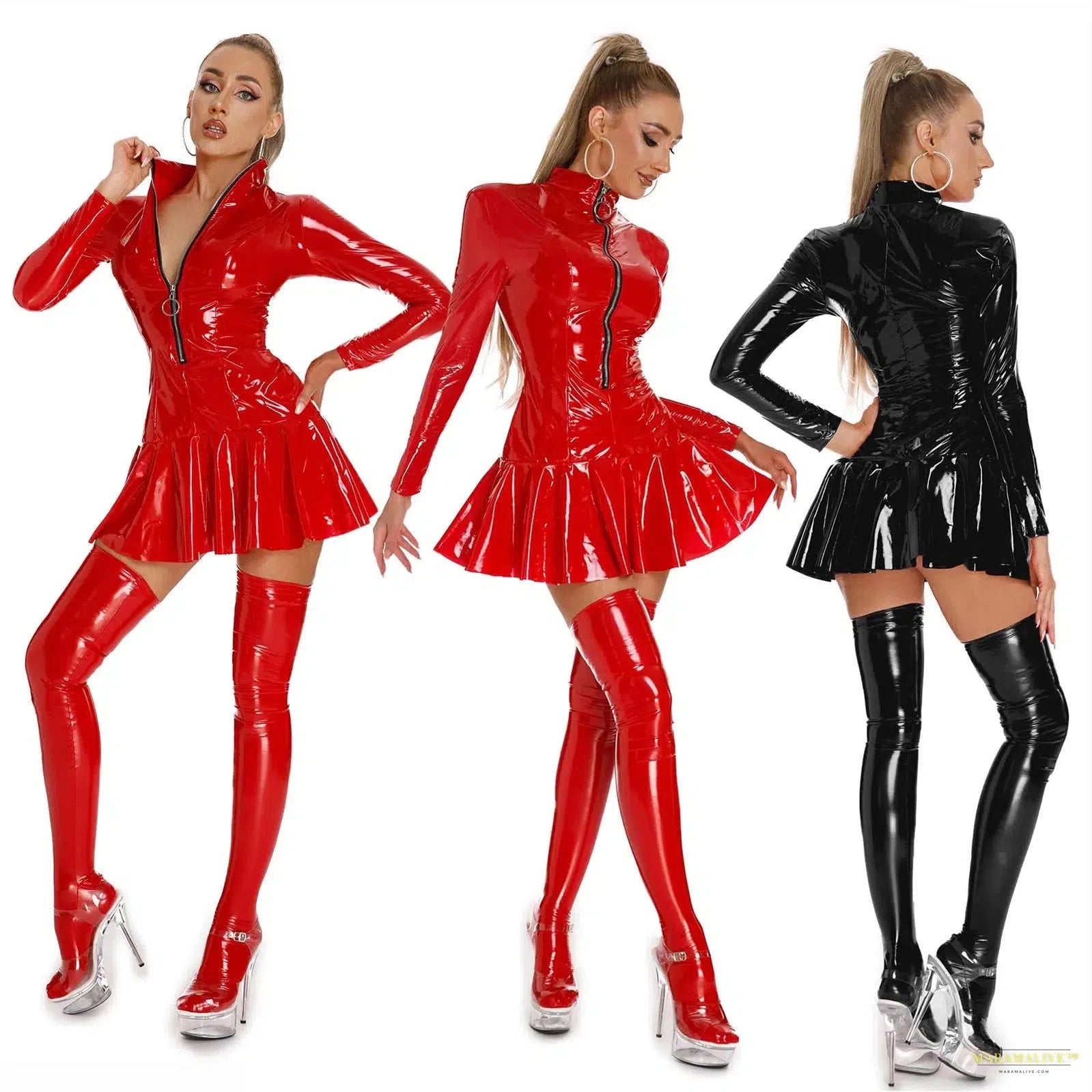 Women's Wet Look Latex Leather Bodycon Dress Turtleneck Front Zipper Mini Dress Glossy Rave Dance Carnival Performance Costume