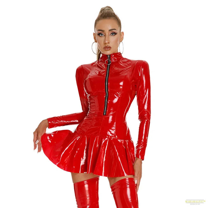 Women's Wet Look Latex Leather Bodycon Dress Turtleneck Front Zipper Mini Dress Glossy Rave Dance Carnival Performance Costume