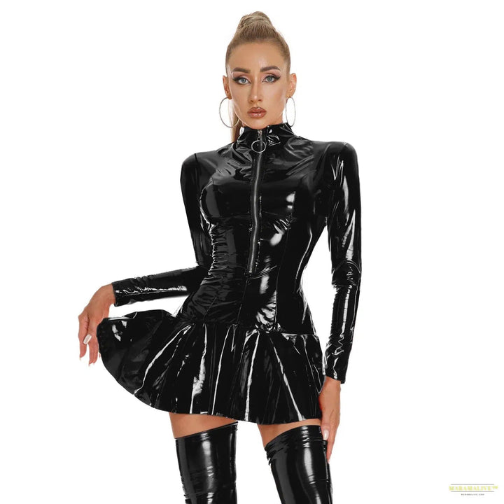 Women's Wet Look Latex Leather Bodycon Dress Turtleneck Front Zipper Mini Dress Glossy Rave Dance Carnival Performance Costume