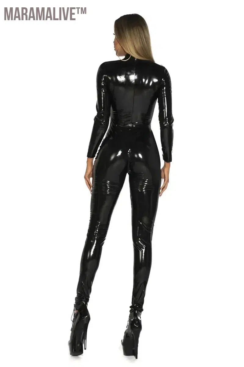 Women's Wet Look Shiny PU Faux Leather Jumpsuit Suit Long Sleeve Zipper Open Crotch Latex Bodysuit Clubwear Plus Size