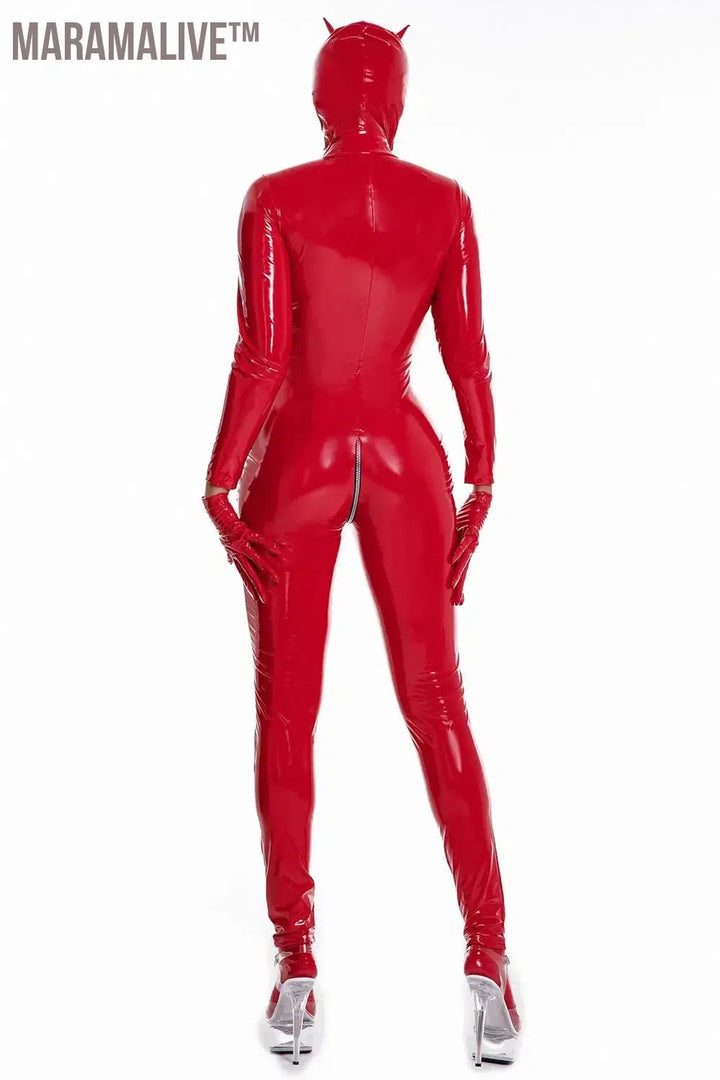 Women's Wet Look Shiny PU Faux Leather Jumpsuit Suit Long Sleeve Zipper Open Crotch Latex Bodysuit Clubwear Plus Size