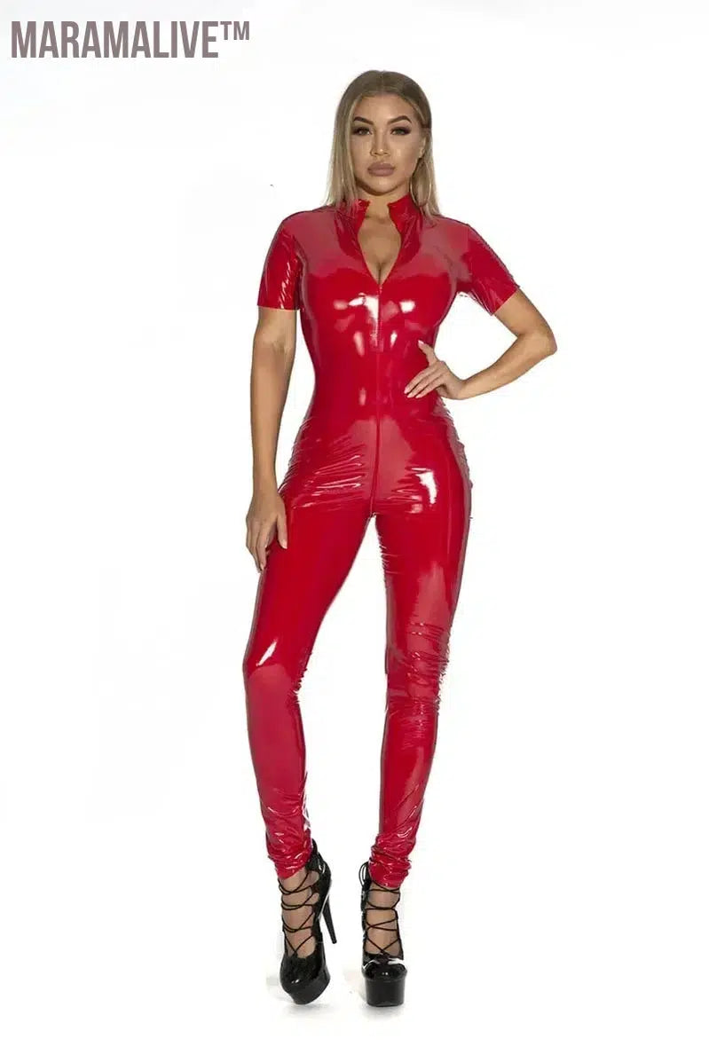 Women's Wet Look Shiny PU Faux Leather Jumpsuit Suit Long Sleeve Zipper Open Crotch Latex Bodysuit Clubwear Plus Size