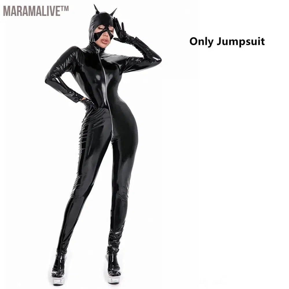 Women's Wet Look Shiny PU Faux Leather Jumpsuit Suit Long Sleeve Zipper Open Crotch Latex Bodysuit Clubwear Plus Size