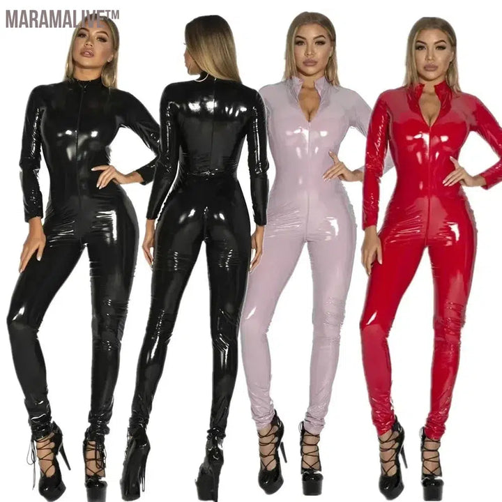 Women's Wet Look Shiny PU Faux Leather Jumpsuit Suit Long Sleeve Zipper Open Crotch Latex Bodysuit Clubwear Plus Size