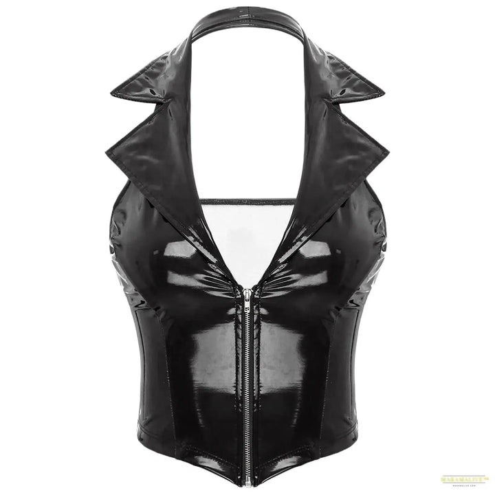 Womens Wetlook Latex Crop Tops Patent Leather Vest Halter Backless Deep V Neck Slim Fit Waistcoat Sexy Clubwear Party Pole Dance