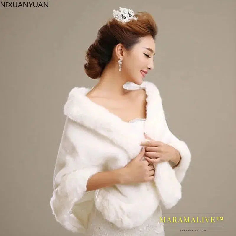 Womens White Ladies Wedding Shawl Faux Fur Cashmere Bride Cape Winter Shrug Bolero