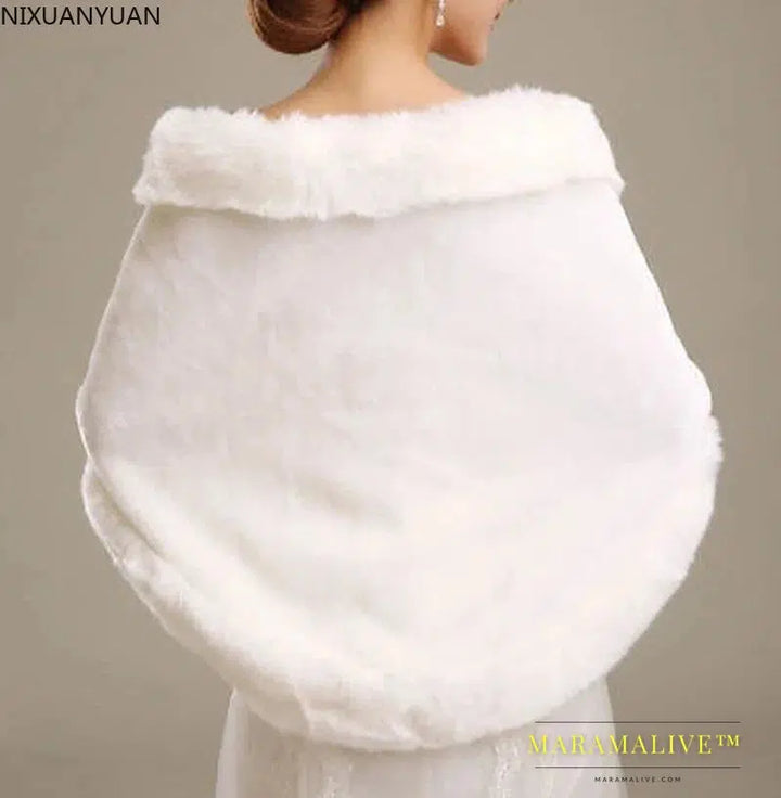 Womens White Ladies Wedding Shawl Faux Fur Cashmere Bride Cape Winter Shrug Bolero