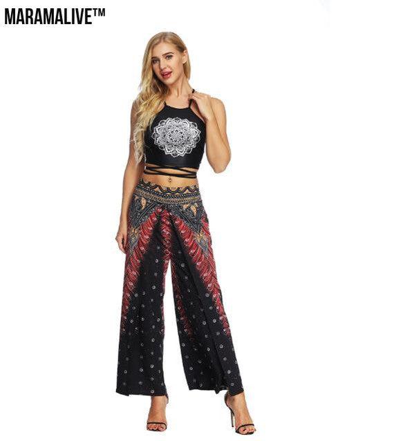 Women's Wide Leg Boho Yoga Harem Pants Comfy Gypsy Hippie Indian Thailand Bohemian Palazzo Pants Smocked Waist