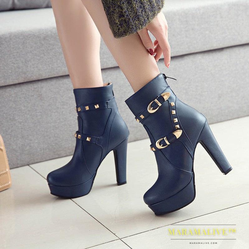 Women's studded thick heel short boots