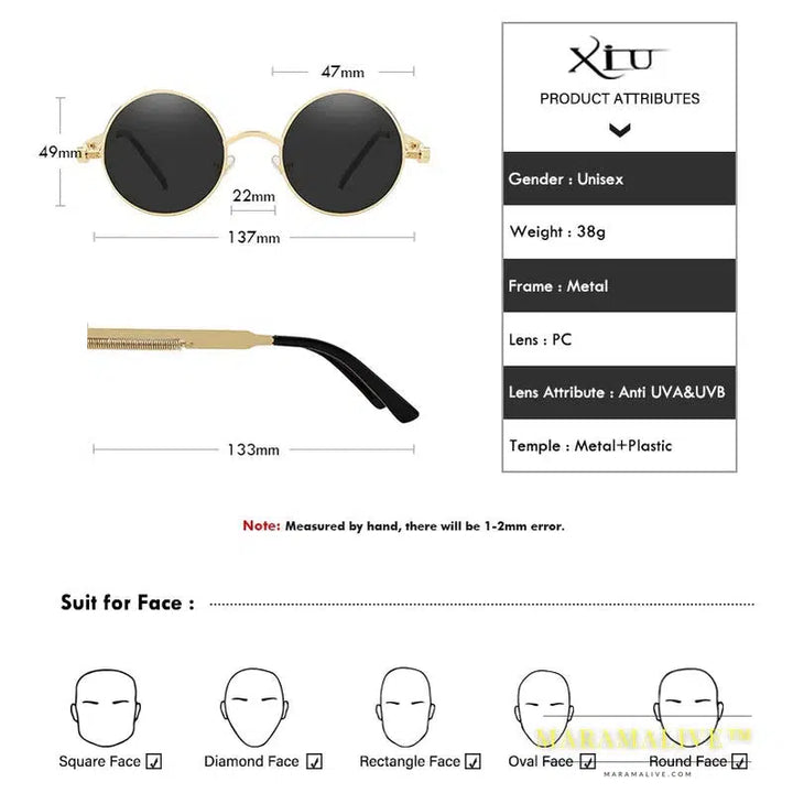 XIU Round Gothic Steampunk Sunglasses Men Vintage Metal Clear Lens Glasses Spring Hinge Oculos UV400 Lunette