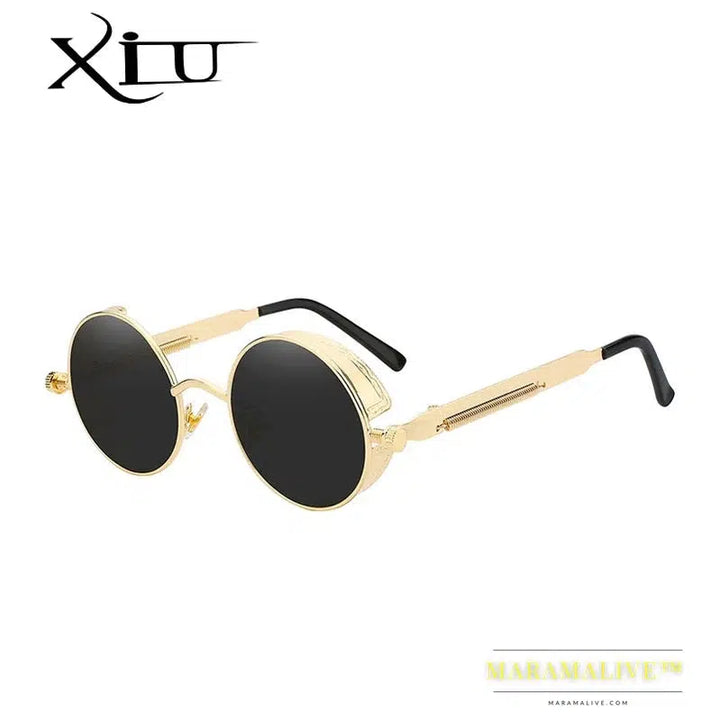 XIU Round Gothic Steampunk Sunglasses Men Vintage Metal Clear Lens Glasses Spring Hinge Oculos UV400 Lunette