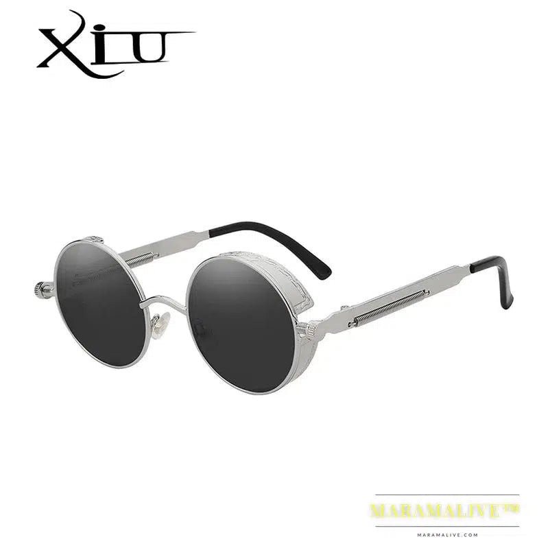 XIU Round Gothic Steampunk Sunglasses Men Vintage Metal Clear Lens Glasses Spring Hinge Oculos UV400 Lunette