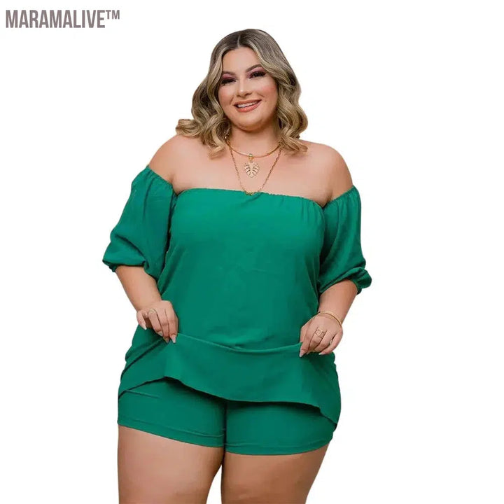 XL-5XL Plus Size Matching Sets Women Clothing 2023 Summer Short Sleeve Slash Neck Lose Sexy Casual Two Piece Sets Female Outfits