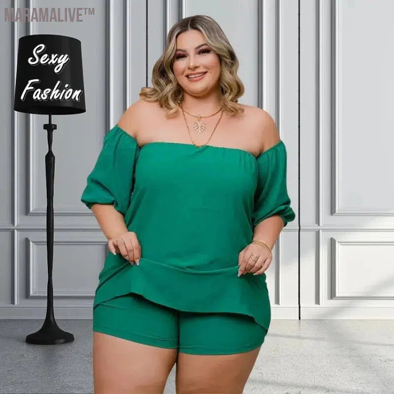 XL-5XL Plus Size Matching Sets Women Clothing 2023 Summer Short Sleeve Slash Neck Lose Sexy Casual Two Piece Sets Female Outfits