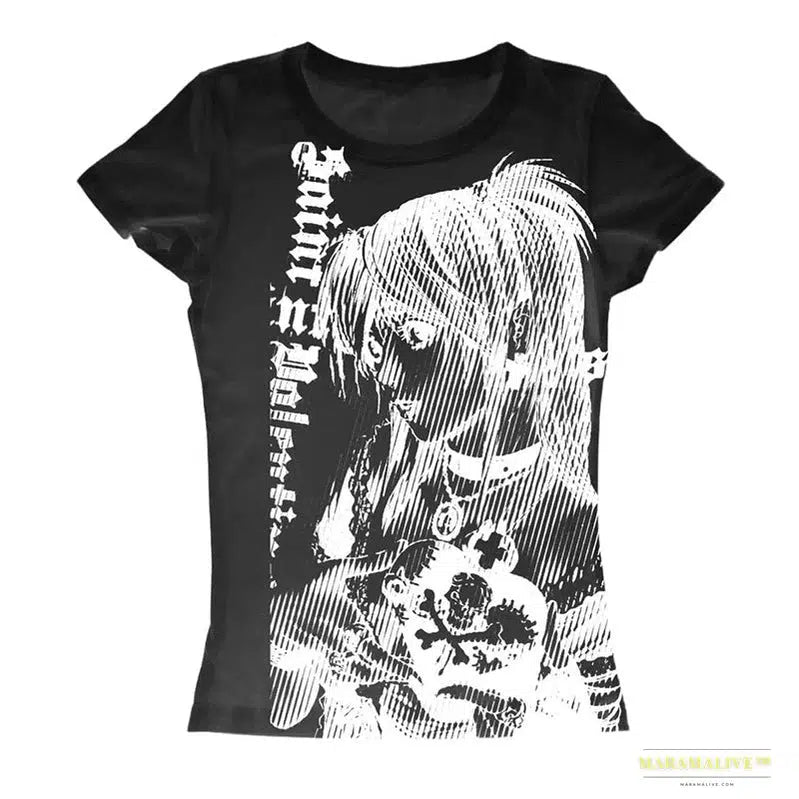 Y2K Anime Inspired 90s Text Print Stunning Streetwear Crop Tee | Vintage Harajuku O-Neck Casual Top | Women's Vibrant Emo Gothic Fashion