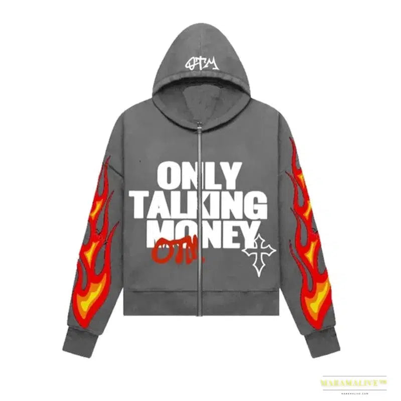 Y2K Flame Letters Hip-Hop High Street Casual Hoodie - Gothic Harajuku Style Unisex Oversized Sweatshirt