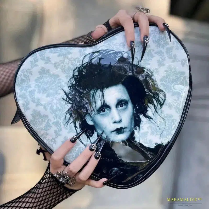 Y2K Gothic Punk Mini Backpack - Skull & Heart Design, Trendy Goth Rock Rebels Coffin Gift Heartbag