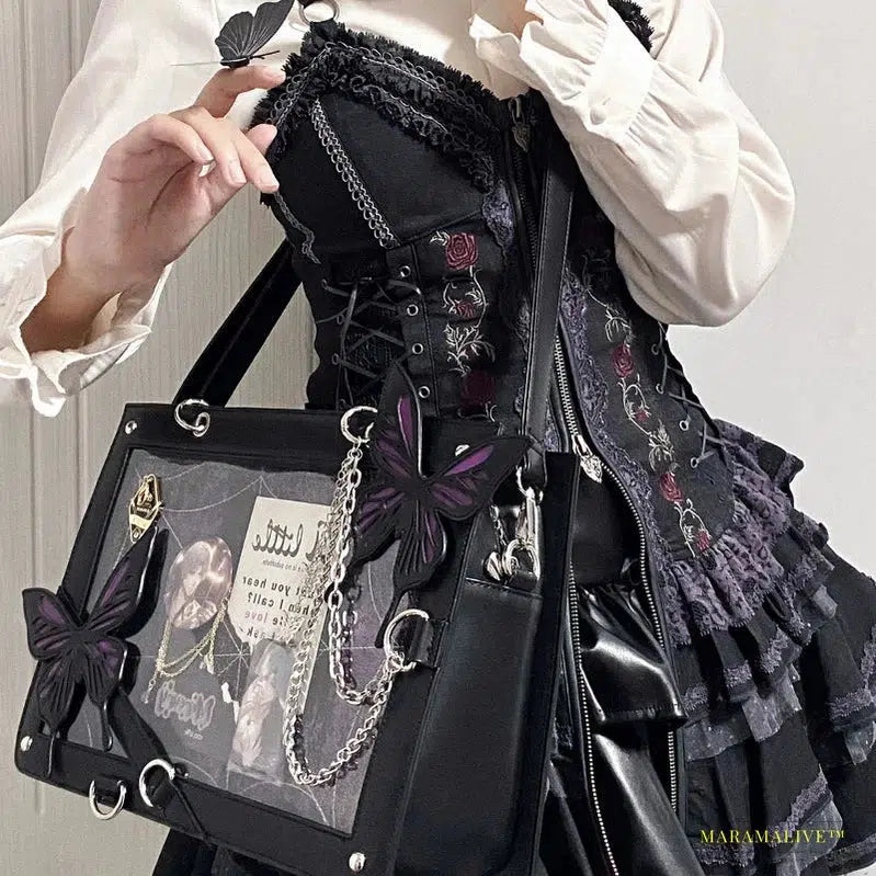 Y2K Labyrinth Butterfly Spider-Web Letter Chain Handbag: Transparent DIY Ita Bag, Vintage Gothic Lolita Tote