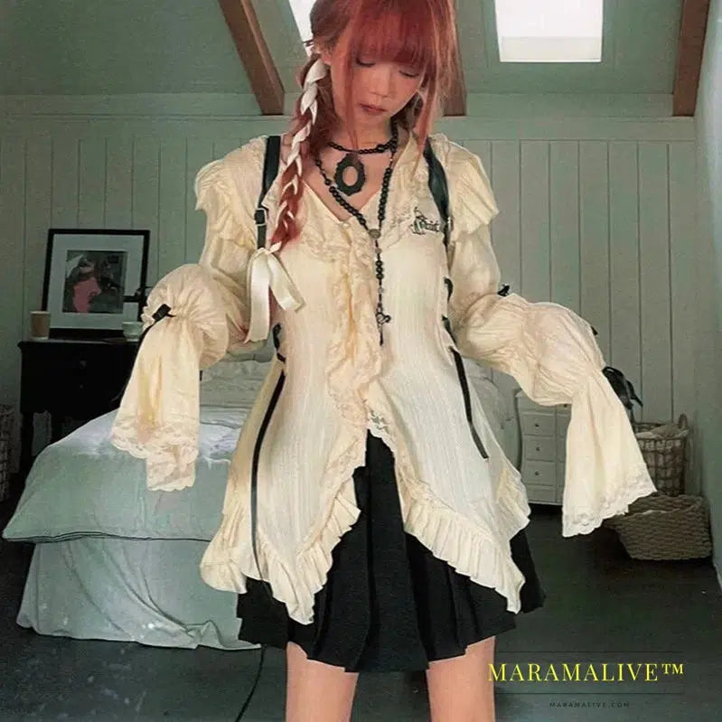 Y2k Aesthetics Lace Shirt Grunge Gothic Irregular Blouses Fairy Bandage Shirt Vintage Lolita Clothes Mall Goth