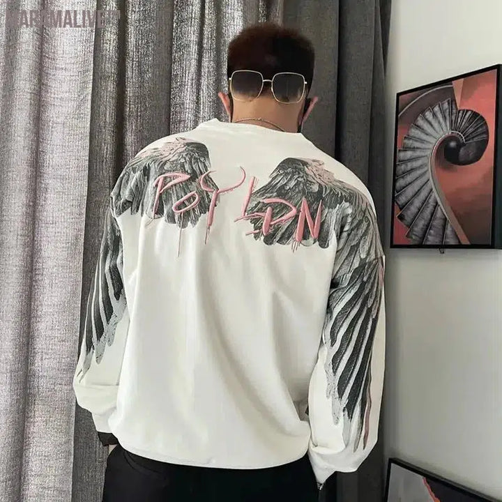 Y2k Pullover Harajuku Hip Hop Sweatshirt Loose Long Sleeved Men Top Oversized Wings Printed Jacket Cotton New Streetwear Men