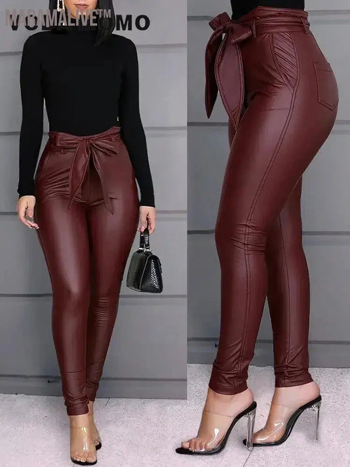 Y2k Womens PU Leather Pants Gothic Sweatpants Retro High Waist Pencil Pant Clothing Hippie Trousers Casual Aesthetic Streetwear